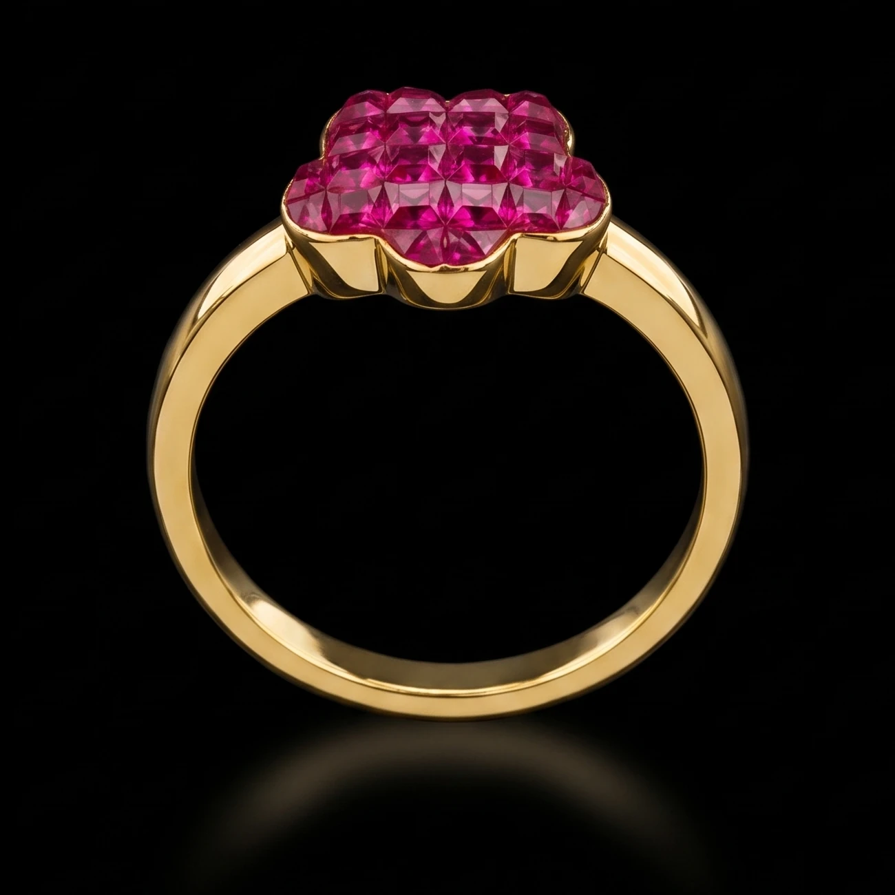 Yellow gold ruby flower ring, calibrated rubies in invisible setting