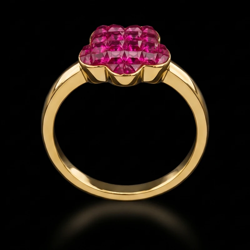 Yellow gold ruby flower ring, invisible setting