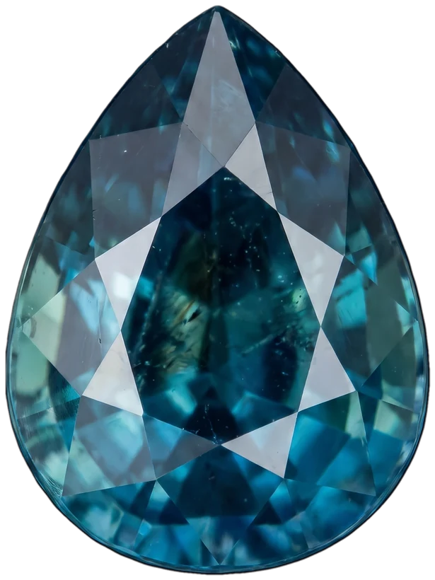 Natural teal sapphire, pear cut — rendered from a real stone